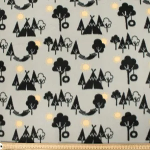 Black Camping Tents & Hammocks on Grey Printed Polar Fleece DSN #34