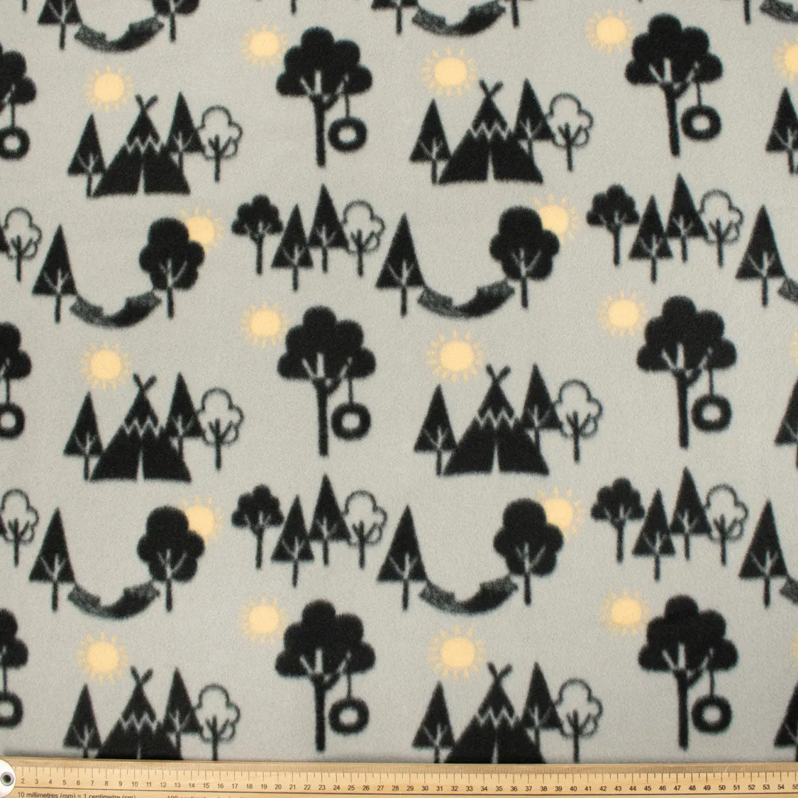 Black Camping Tents & Hammocks on Grey Printed Polar Fleece DSN #34