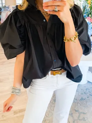 Black Poplin Puff Sleeve Top