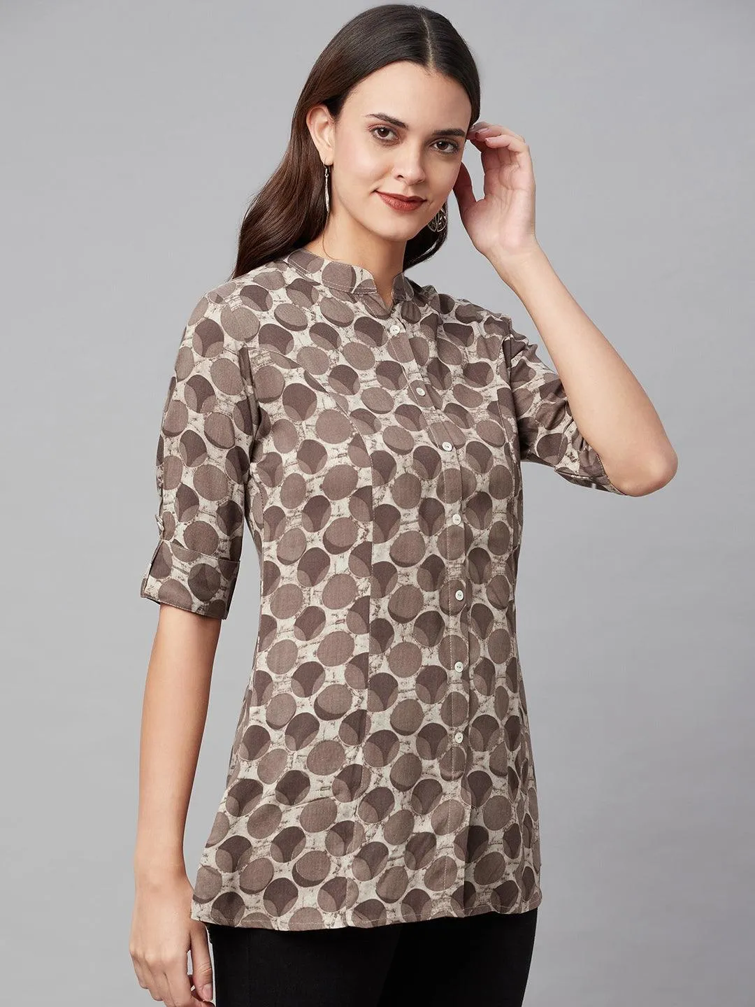 Brown Floral Rayon A-line Shirts Style Top