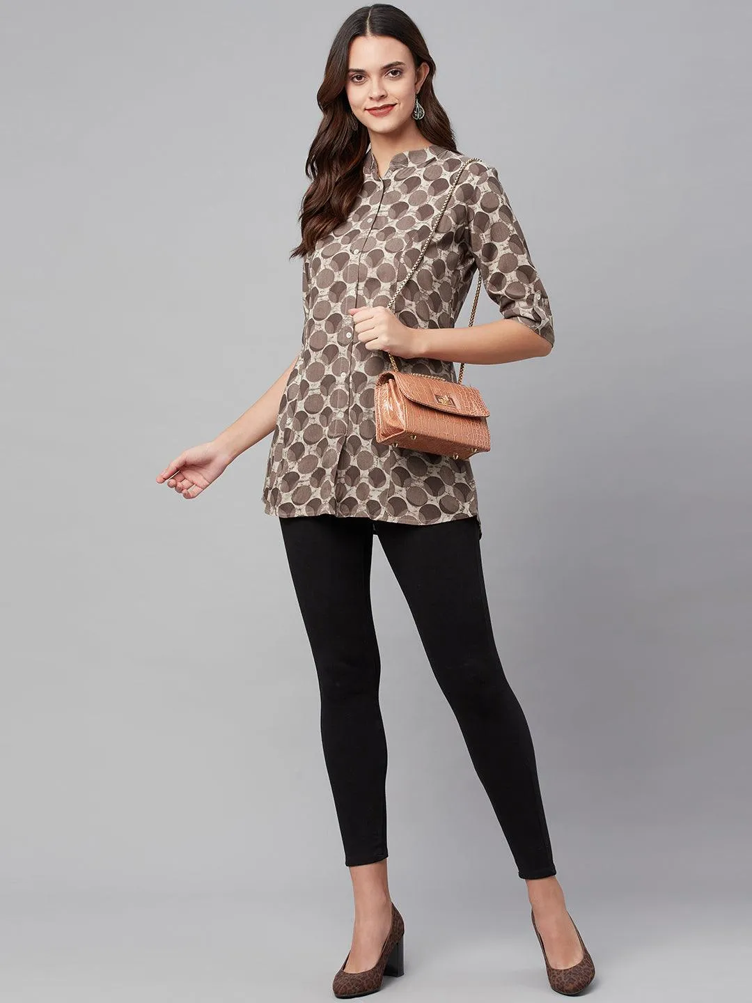 Brown Floral Rayon A-line Shirts Style Top