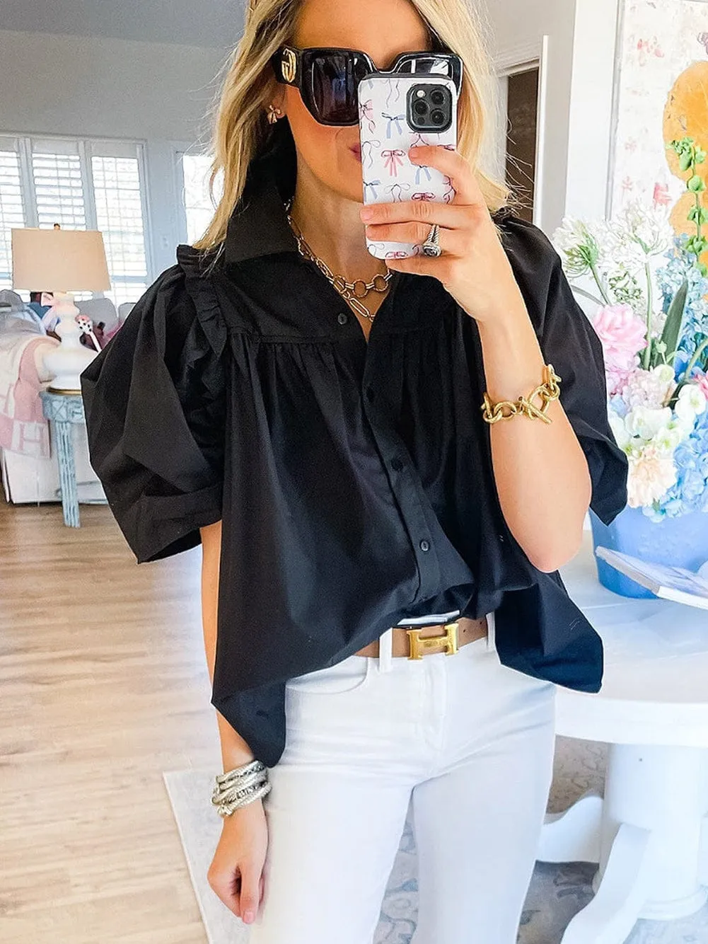 Button Down Puff Sleeve Top