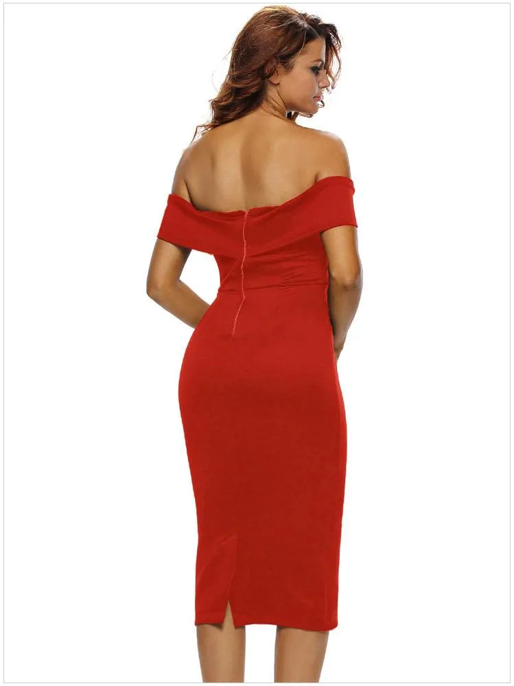 Clearance Off-shoulder Short Sleeves Bodycon Knee-length Evening Dress