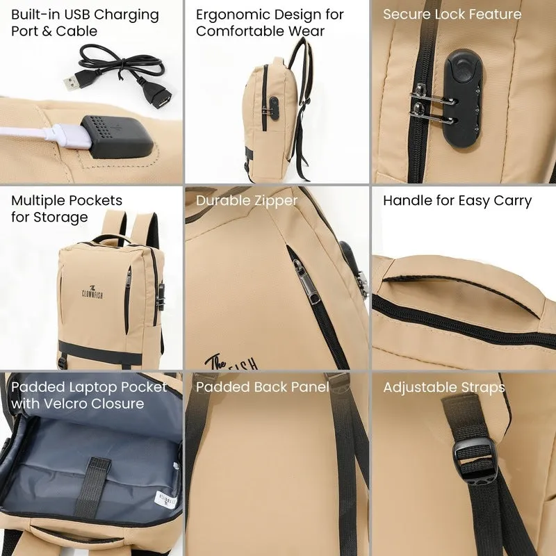 Clownfish Laptop Bag - Durable 900D Fabric, USB Port | Spacious 45L | Beige
