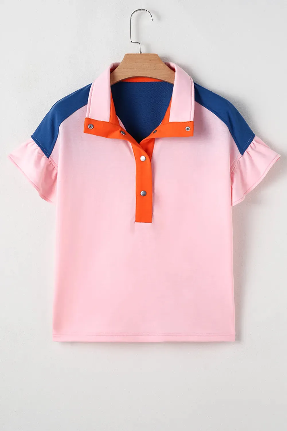 Colorblock Buttoned V-Neck Summer T-Shirt