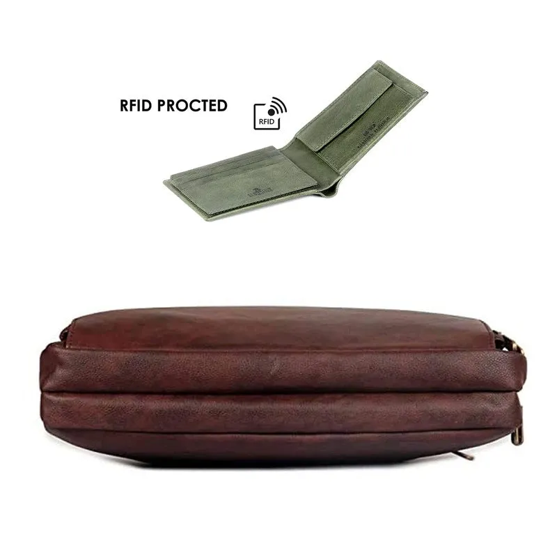 Combo: Milan Series 14 inch Laptop Briefcase & RFID Wallet | 3 Compartments | Faux Leather | Dark Brown
