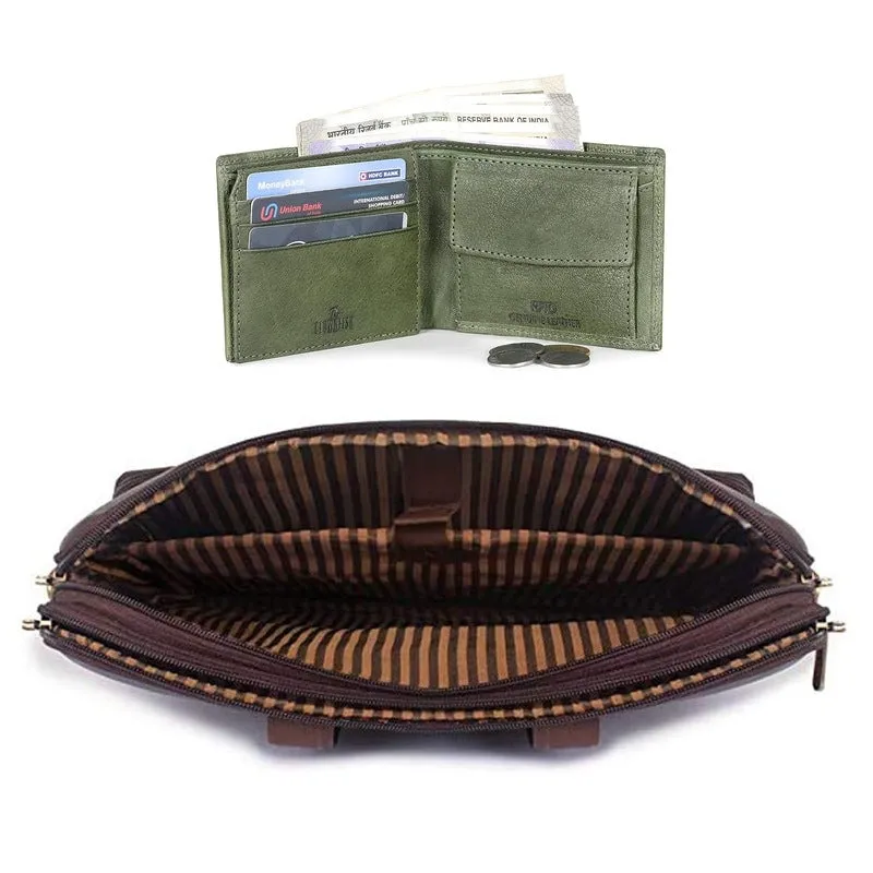 Combo: Milan Series 14 inch Laptop Briefcase & RFID Wallet | 3 Compartments | Faux Leather | Dark Brown