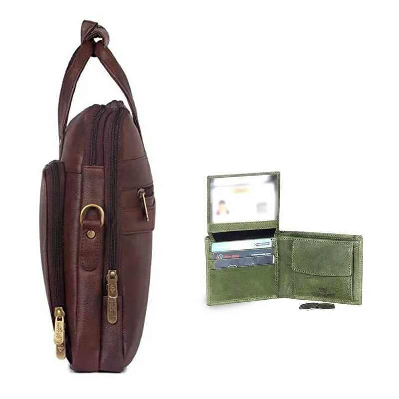 Combo: Milan Series 14 inch Laptop Briefcase & RFID Wallet | 3 Compartments | Faux Leather | Dark Brown