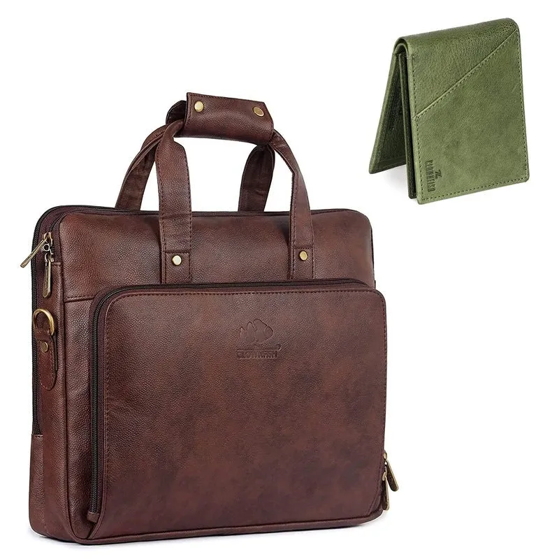 Combo: Milan Series 14 inch Laptop Briefcase & RFID Wallet | 3 Compartments | Faux Leather | Dark Brown