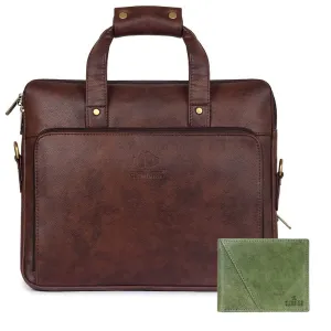 Combo: Milan Series 14 inch Laptop Briefcase & RFID Wallet | 3 Compartments | Faux Leather | Dark Brown