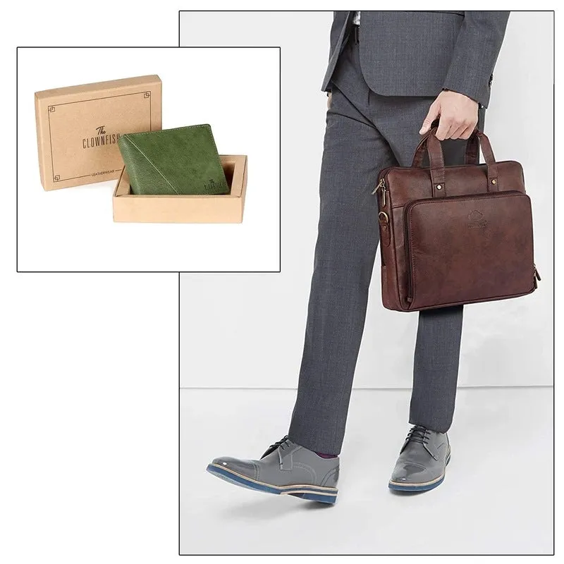 Combo: Milan Series 14 inch Laptop Briefcase & RFID Wallet | 3 Compartments | Faux Leather | Dark Brown