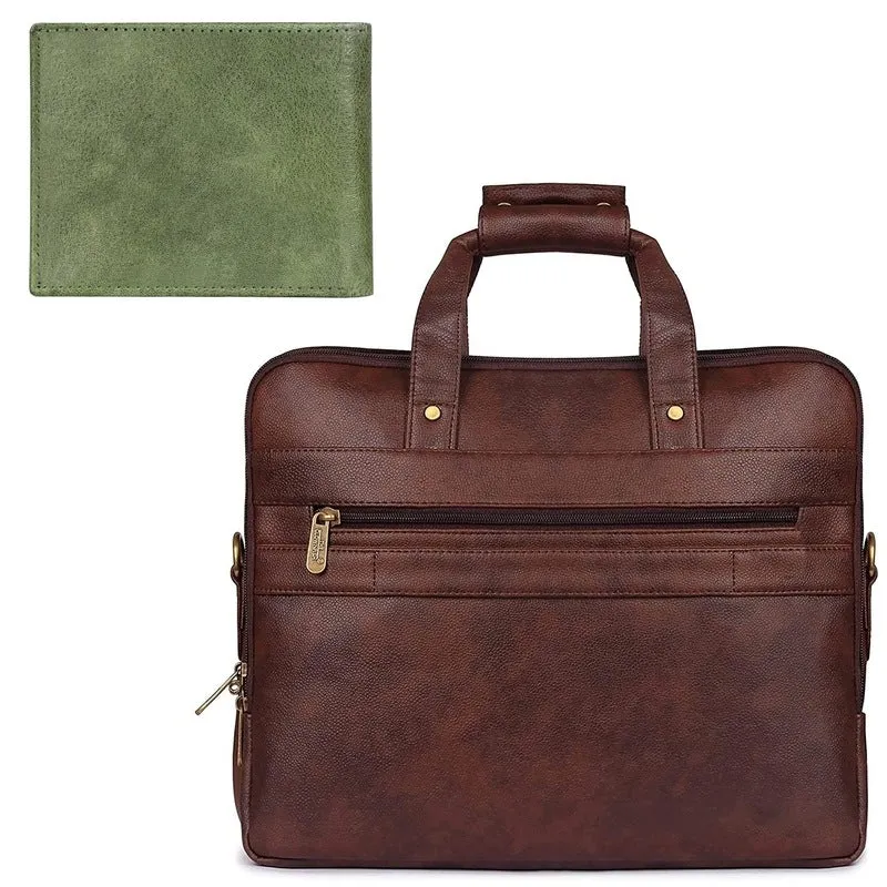 Combo: Milan Series 14 inch Laptop Briefcase & RFID Wallet | 3 Compartments | Faux Leather | Dark Brown