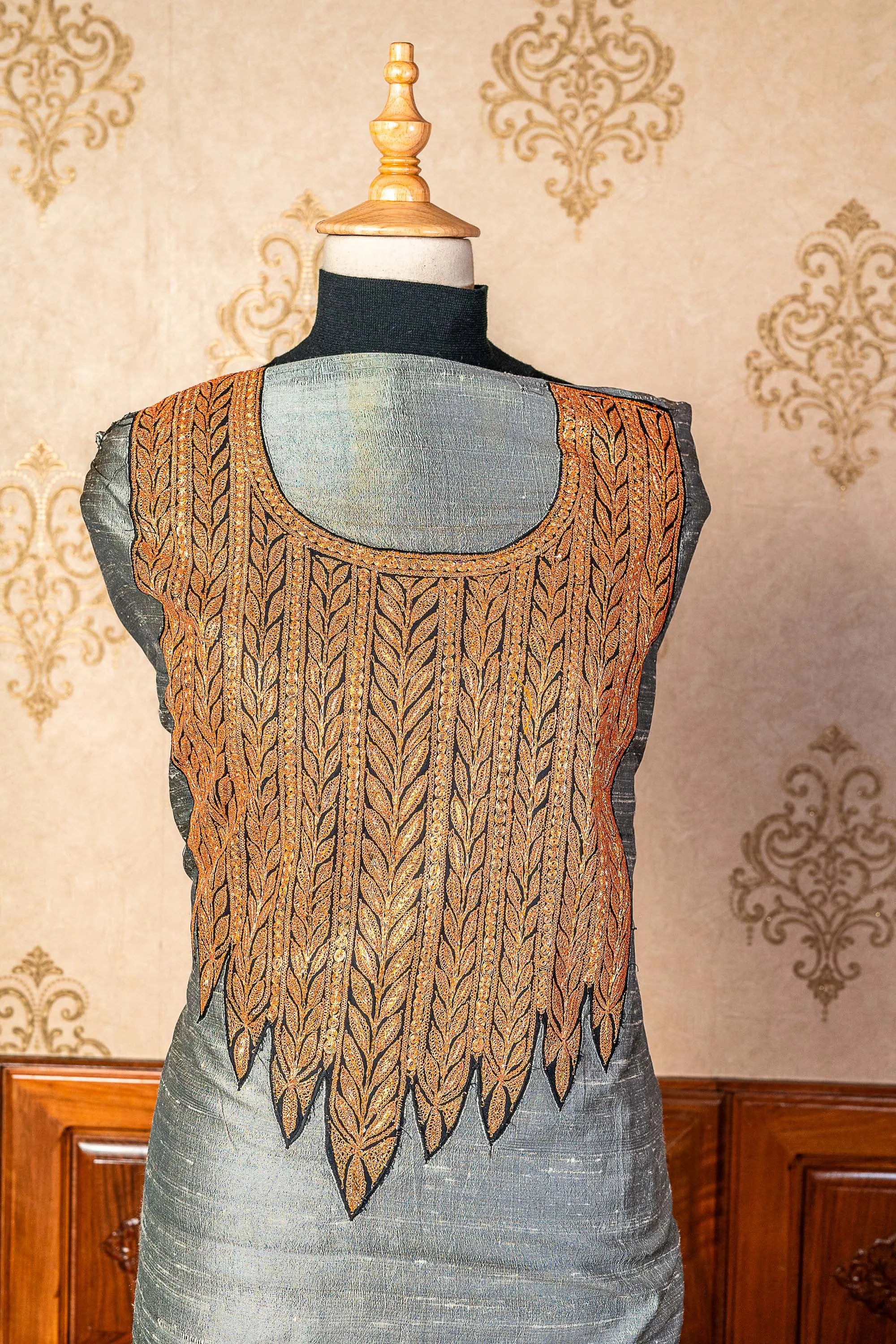 Contemporary Elegance: Grey Suit with Exquisite Tilla Embroidery