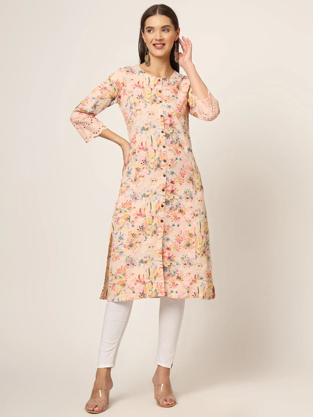 Divena Pink Floral Printed Cotton A-Line Fold Sleeve Kurta