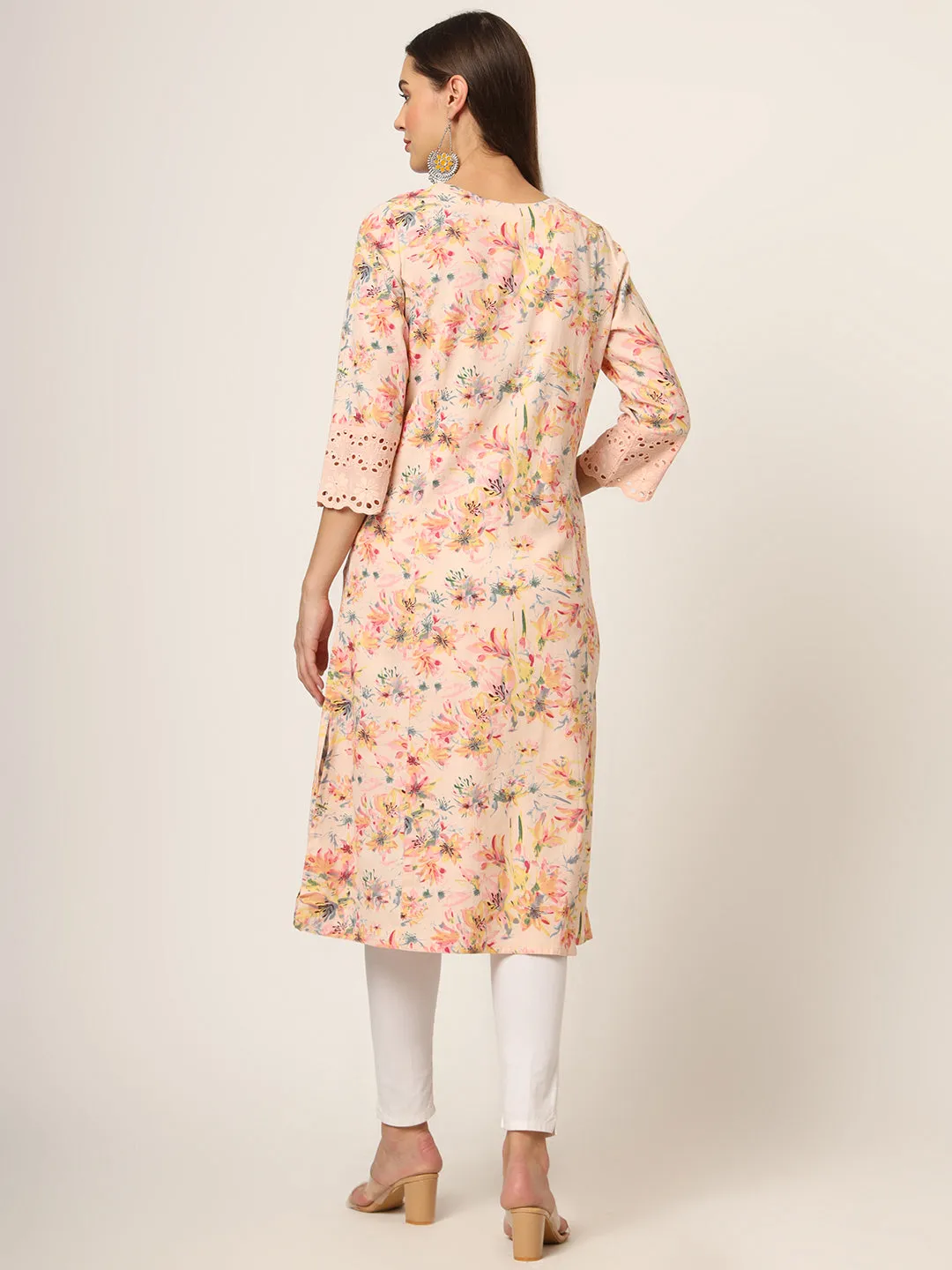 Divena Pink Floral Printed Cotton A-Line Fold Sleeve Kurta