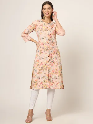 Divena Pink Floral Printed Cotton A-Line Fold Sleeve Kurta