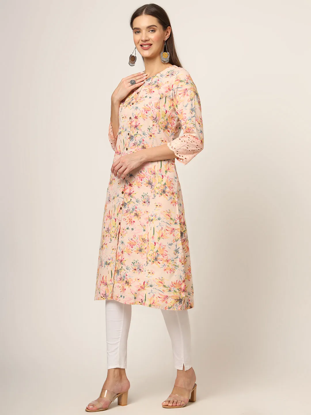 Divena Pink Floral Printed Cotton A-Line Fold Sleeve Kurta