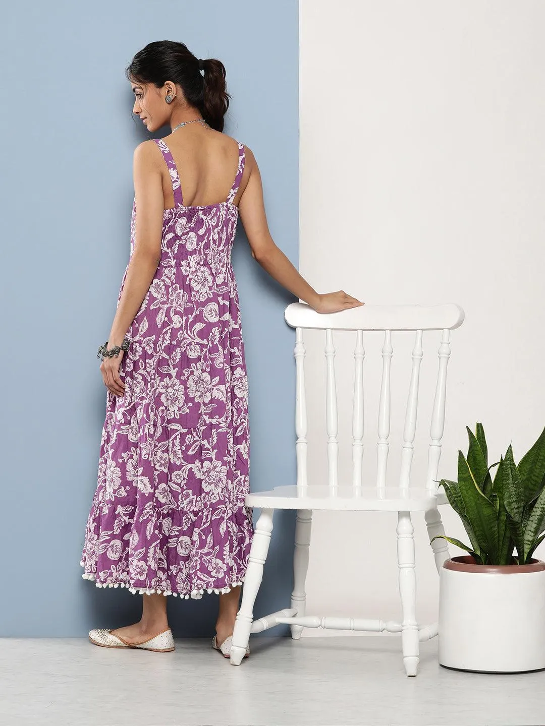 Divena Purple Floral Shoulder Strip Long Dress