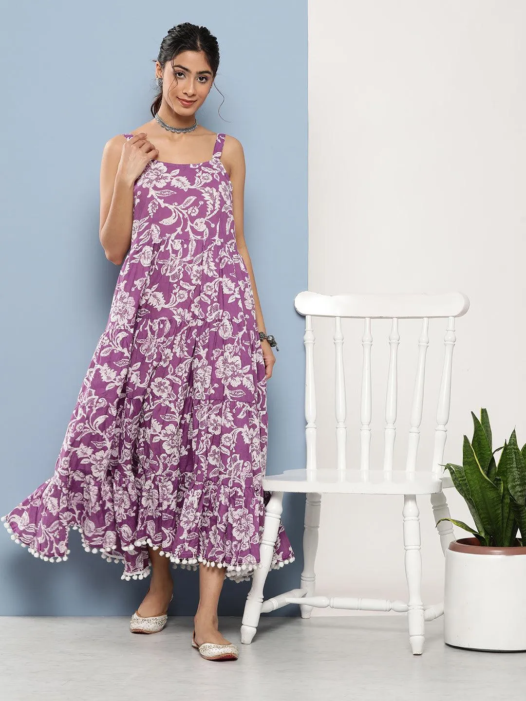 Divena Purple Floral Shoulder Strip Long Dress