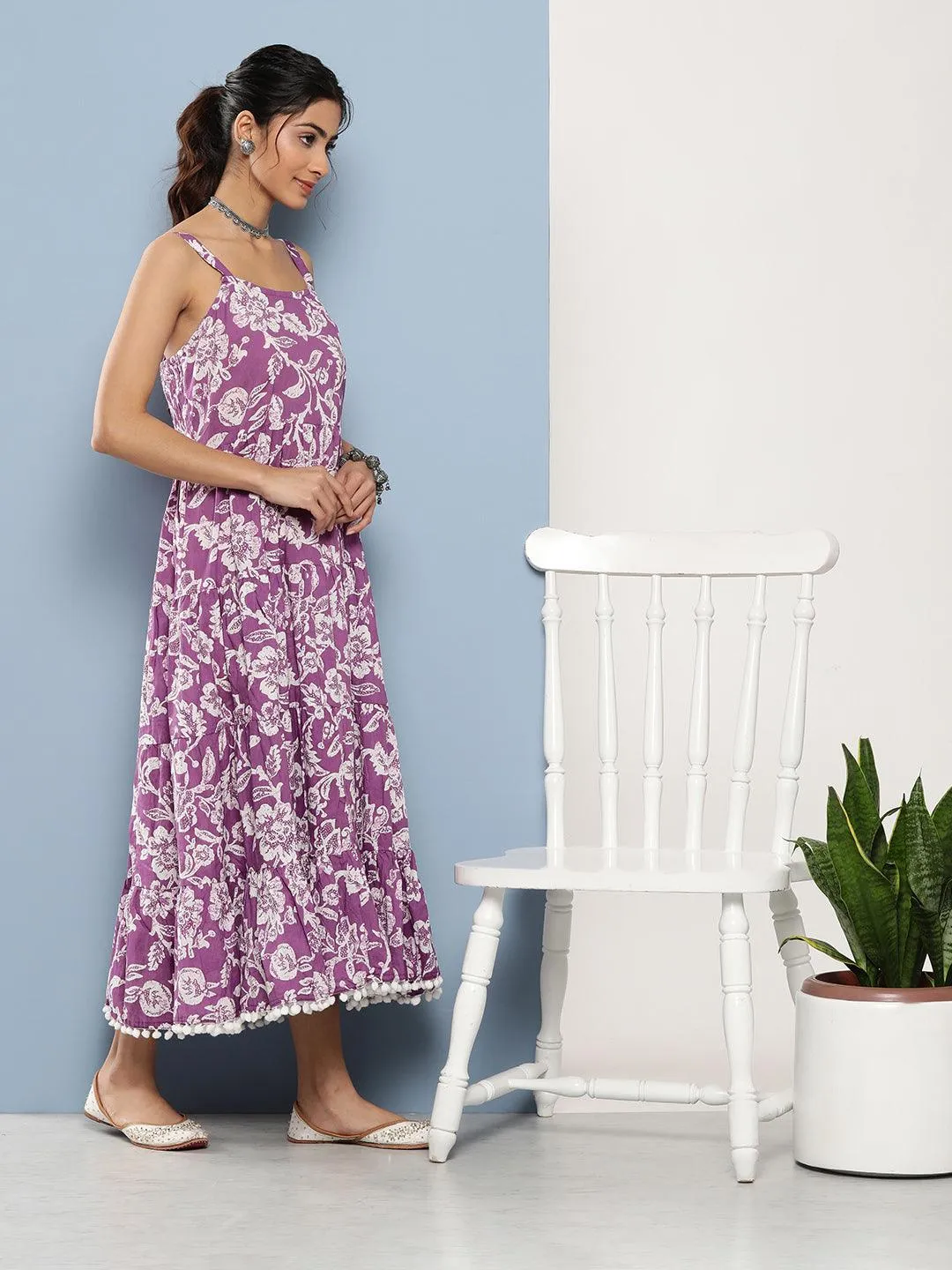 Divena Purple Floral Shoulder Strip Long Dress