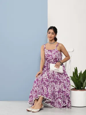 Divena Purple Floral Shoulder Strip Long Dress