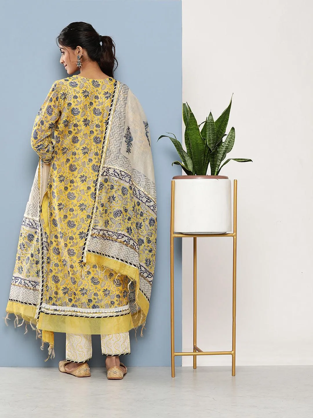 Divena Yellow Pure Chanderi Kurta Pant Set with Dupatta