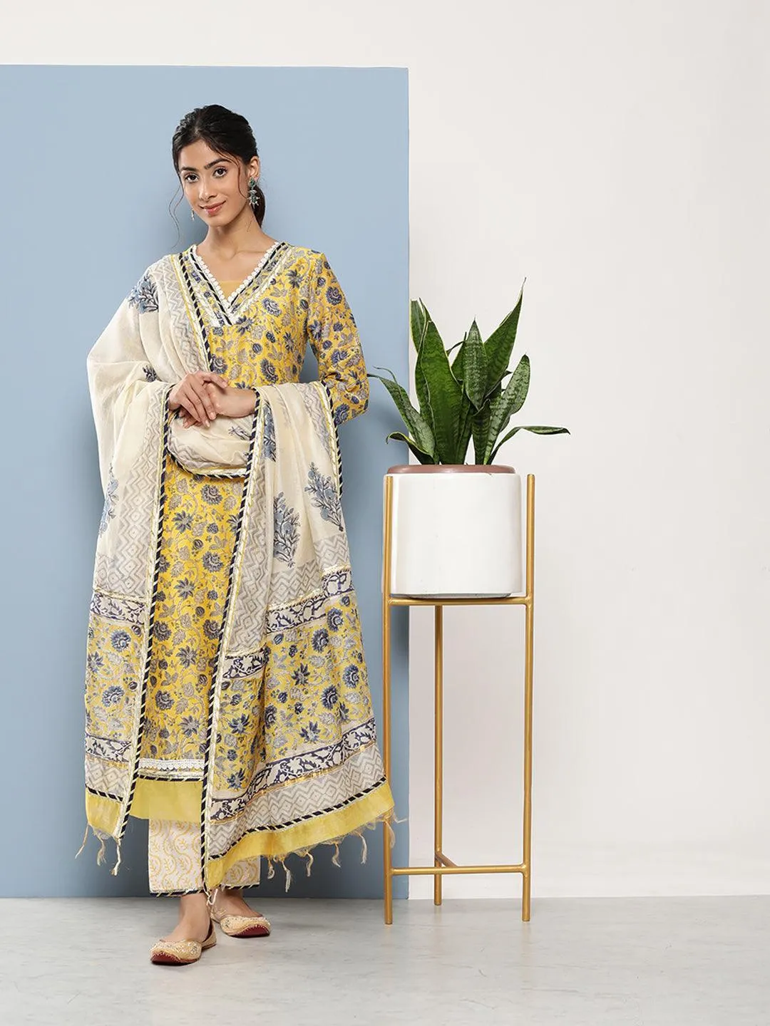 Divena Yellow Pure Chanderi Kurta Pant Set with Dupatta