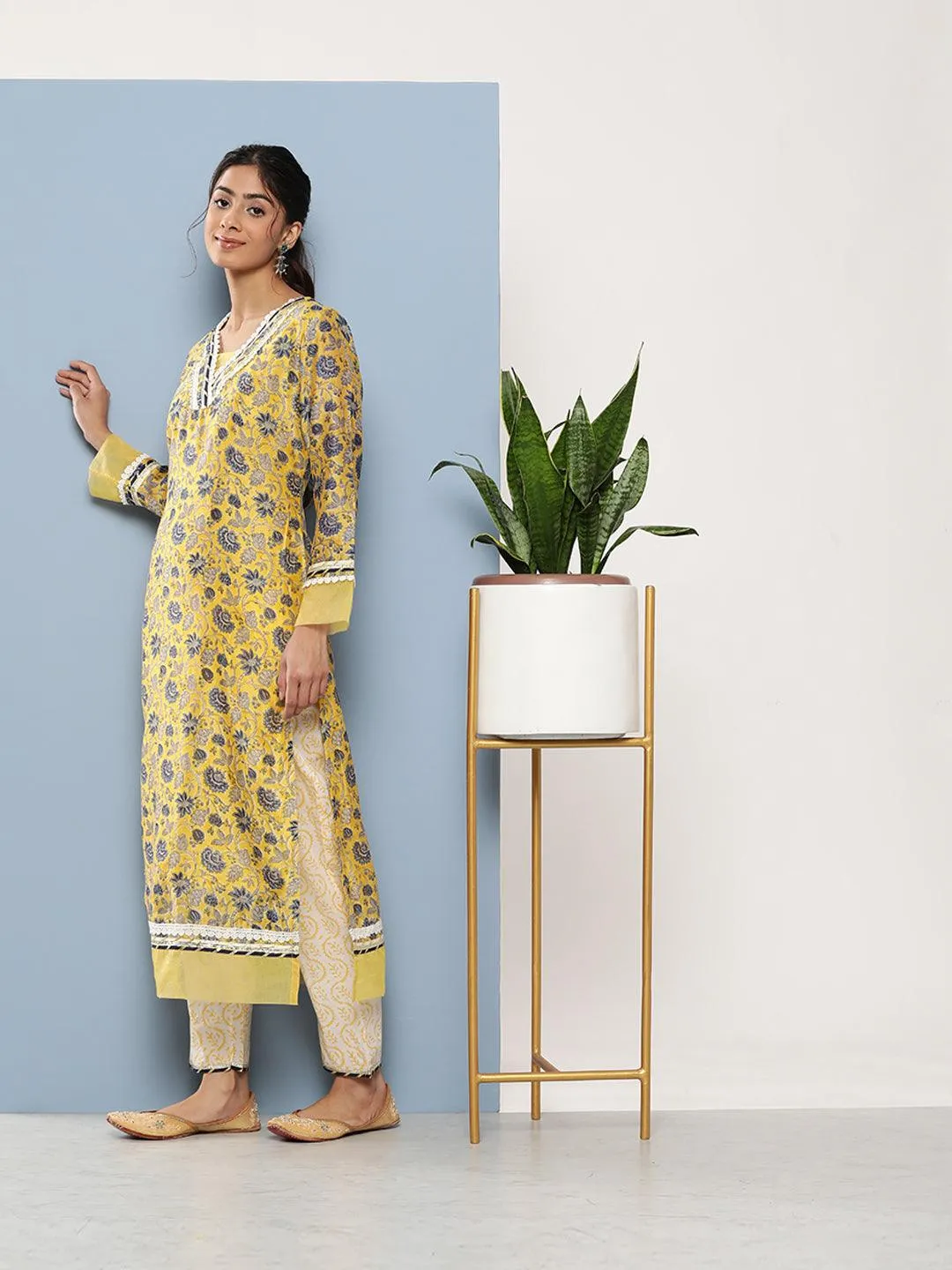 Divena Yellow Pure Chanderi Kurta Pant Set with Dupatta