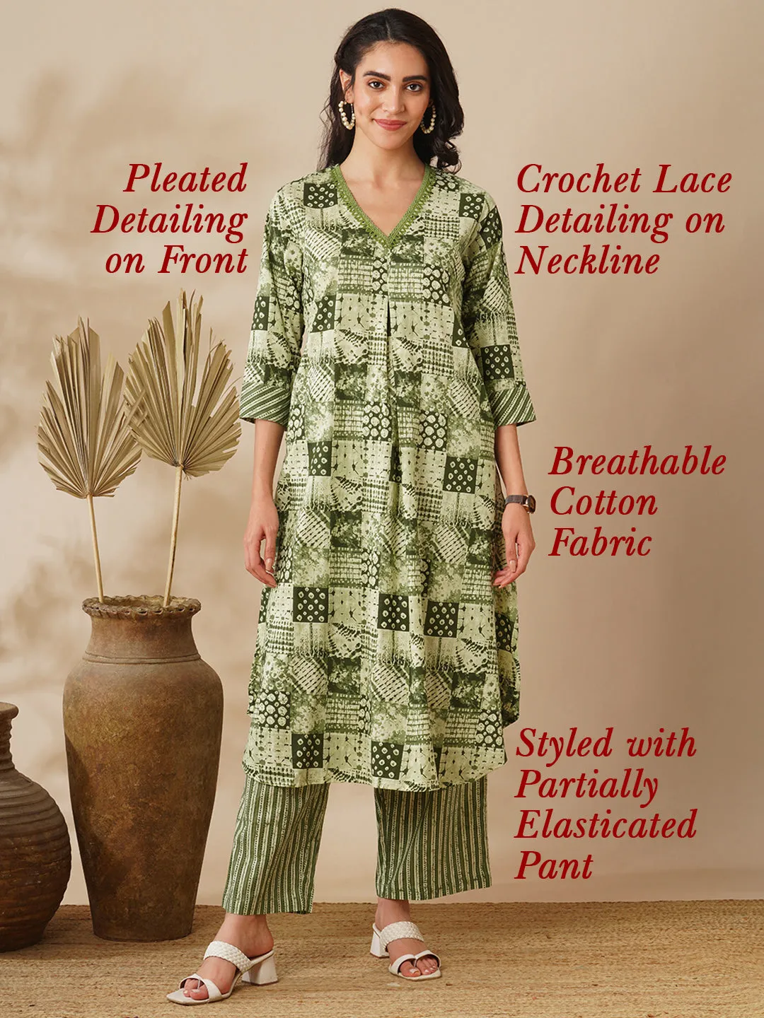 Ethnic Geometric Printed A-Line Kurta with Pant - Green