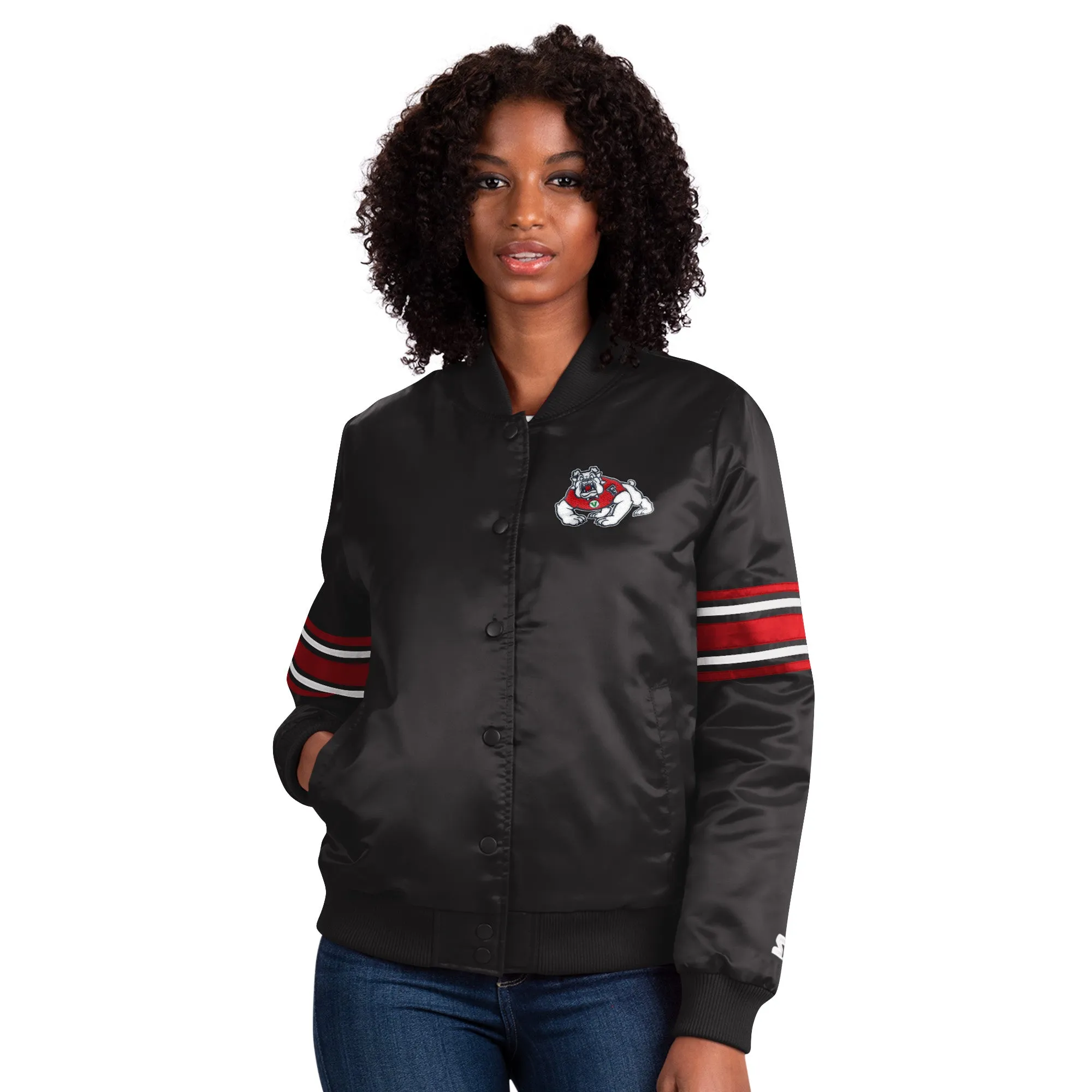 FRESNO STATE BULLDOGS WOMEN'S LINE UP BLACK SATIN JACKET