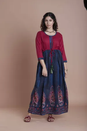 Georgeous Gold Anarkali in Dark Navy Blue with maroon Top