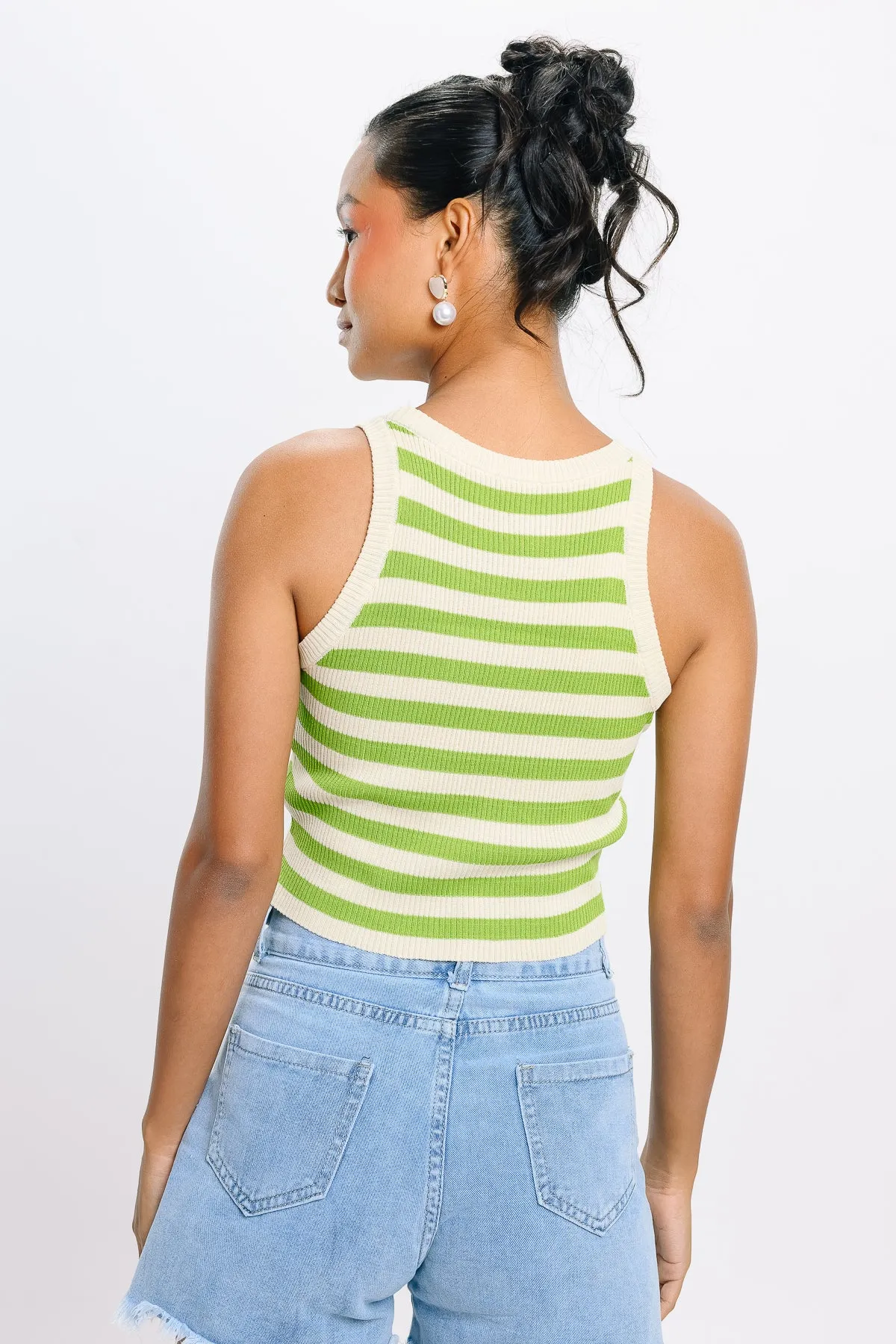 Green Striped Crop Tank Top