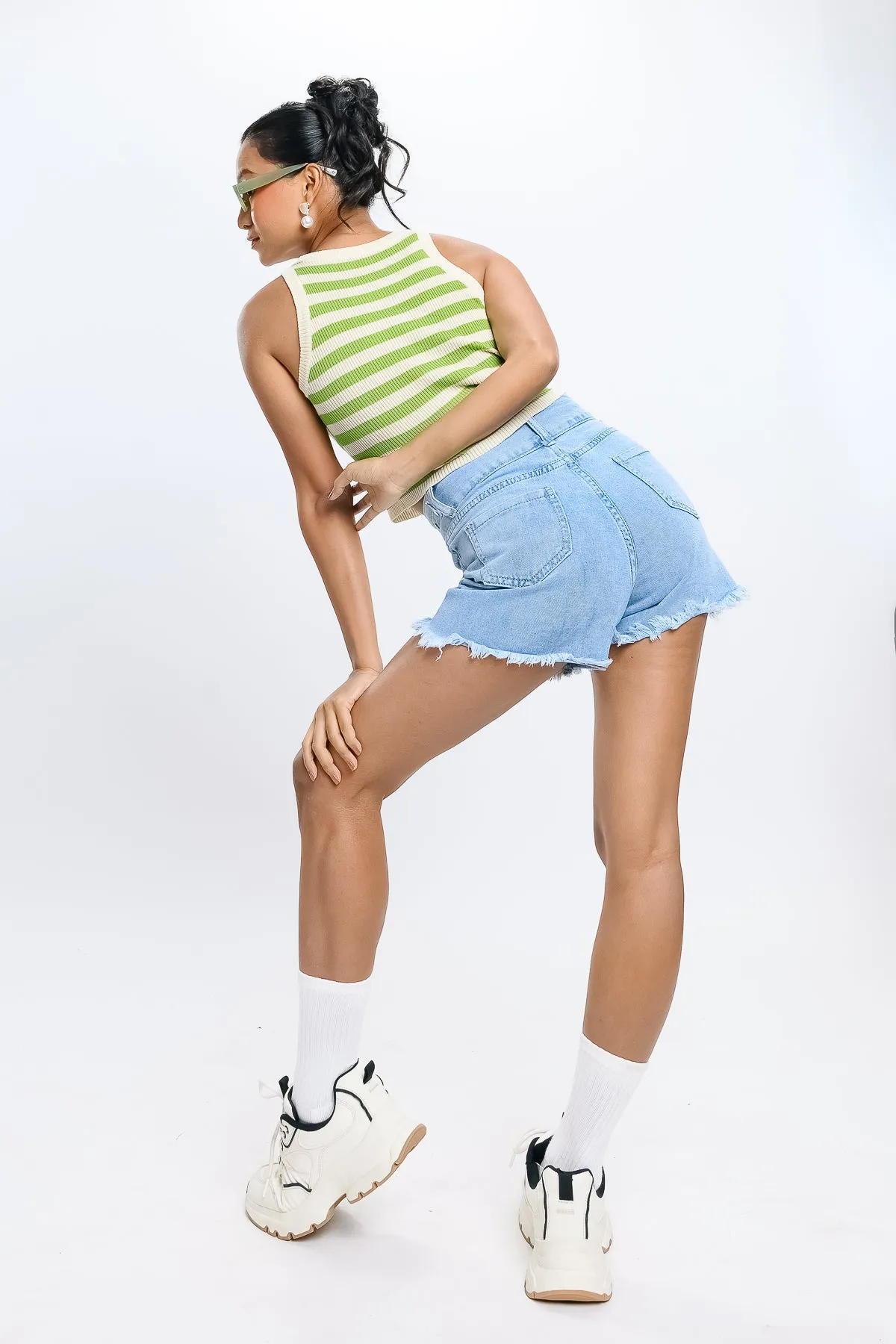 Green Striped Crop Tank Top