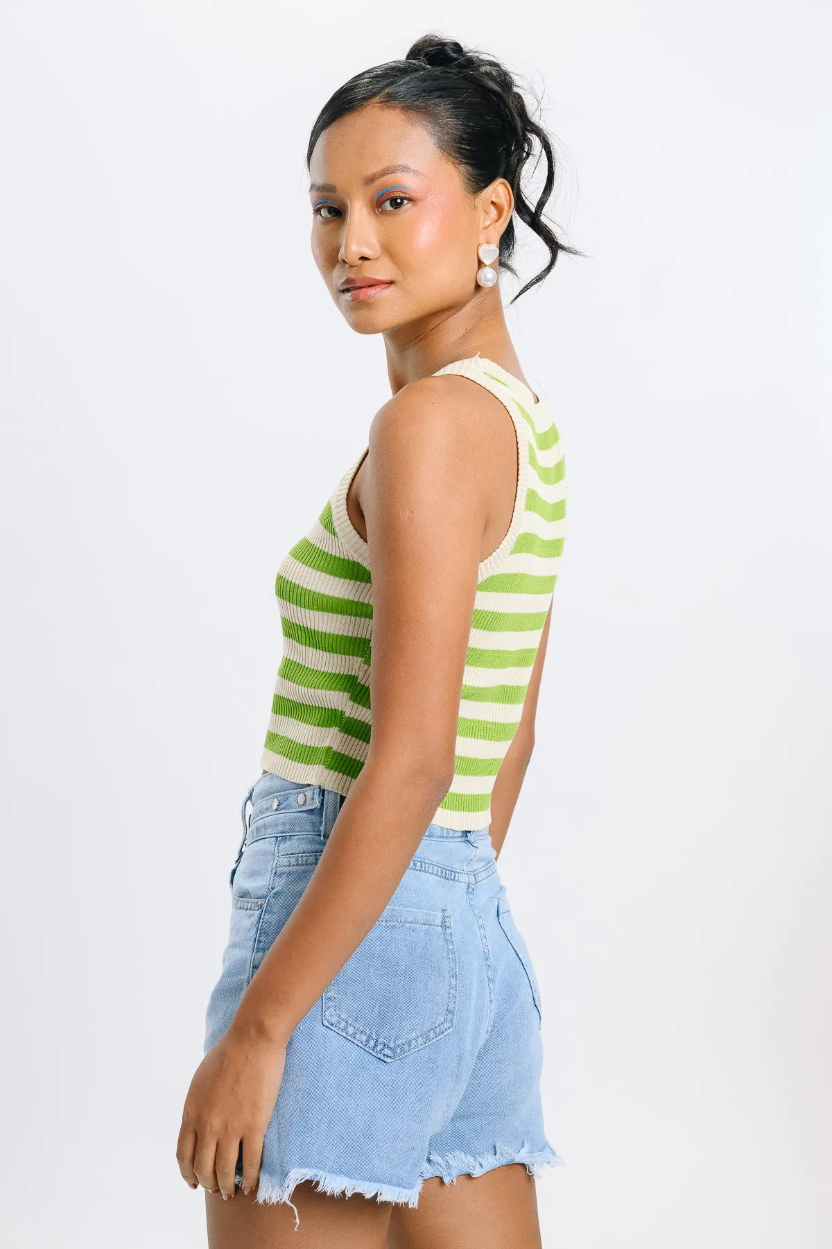 Green Striped Crop Tank Top