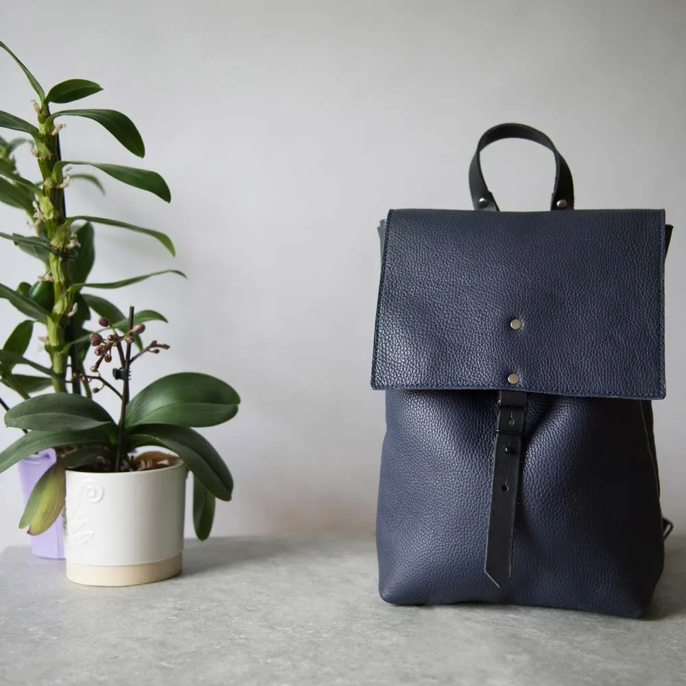 Italian Leather and Wool Felt Backpack - Navy Blue and Orange