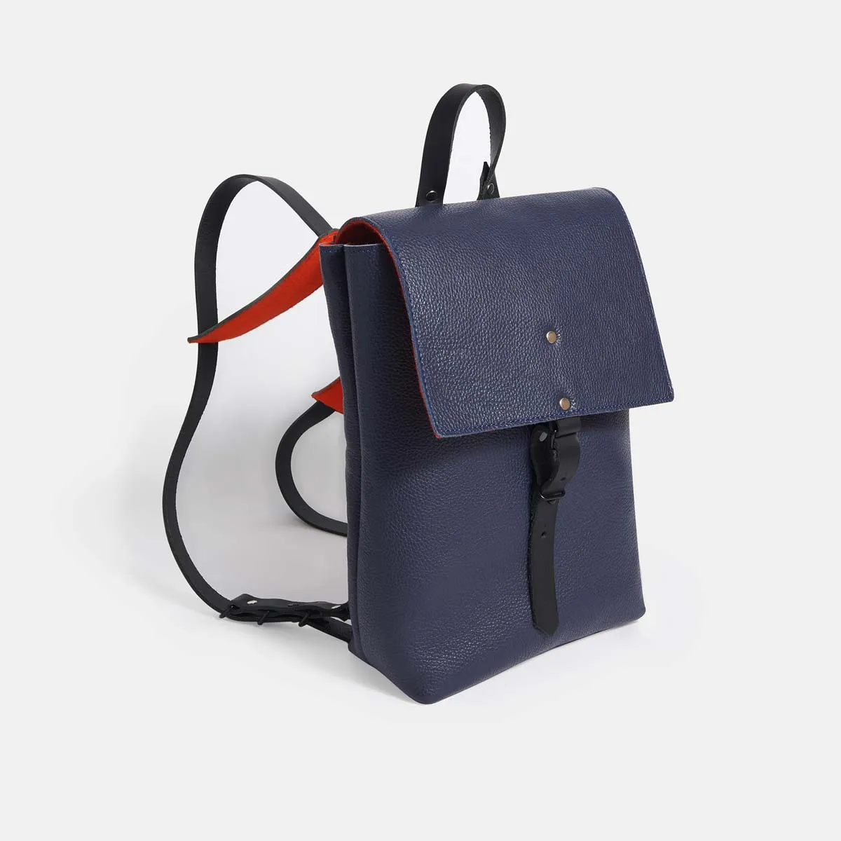 Italian Leather and Wool Felt Backpack - Navy Blue and Orange