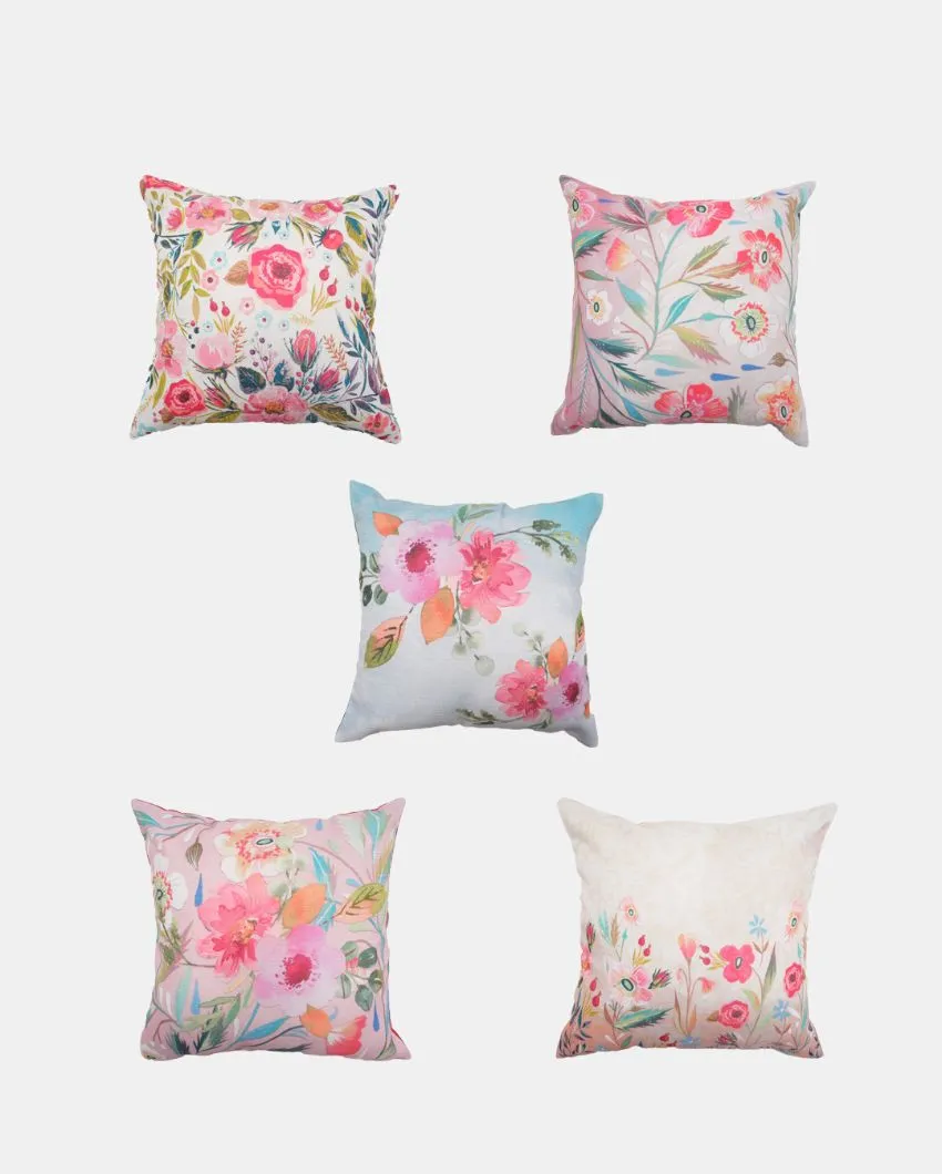Printed Bagh Polyester Cushion Covers | Set of 5 | 16 x 16 inches