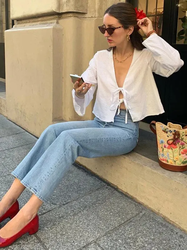 Trendy Beach Day White Tie-Up Blouse for Women
