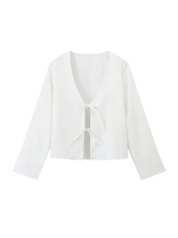 Trendy Beach Day White Tie-Up Blouse for Women