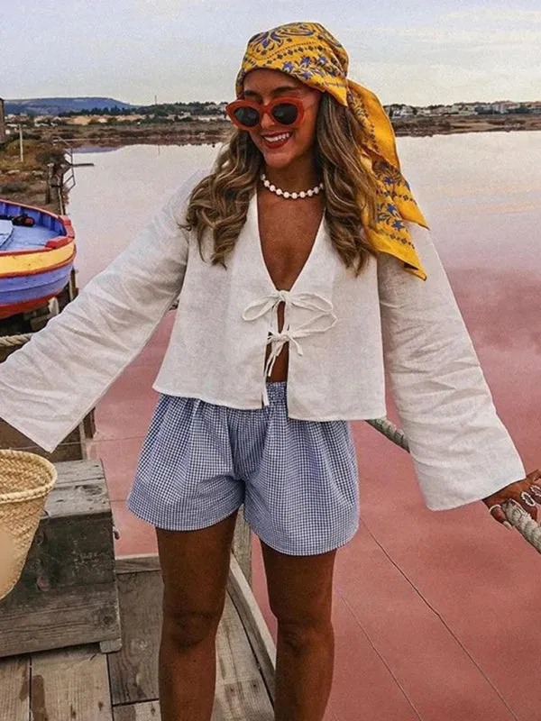 Trendy Beach Day White Tie-Up Blouse for Women
