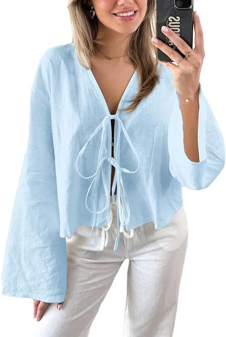 Trendy Beach Day White Tie-Up Blouse for Women
