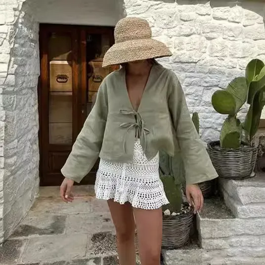Trendy Beach Day White Tie-Up Blouse for Women