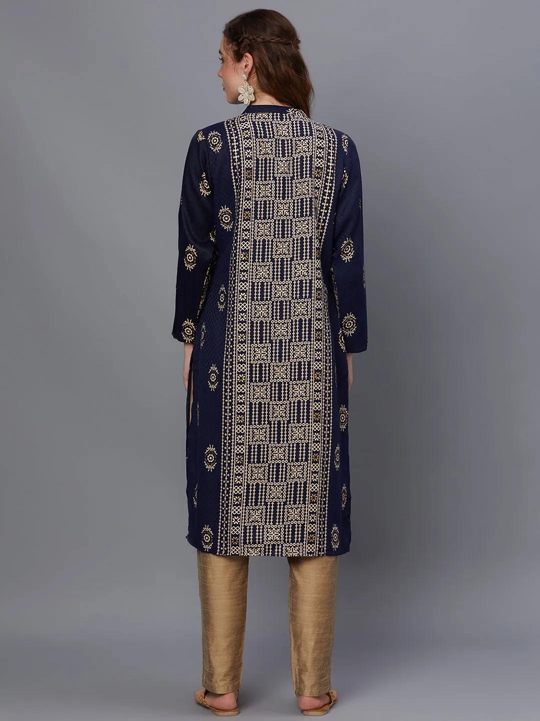 Women Navy Blue Pashmina Ornamental Print Kurta