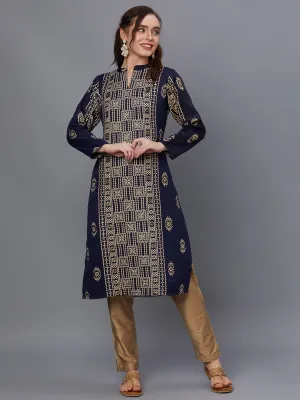 Women Navy Blue Pashmina Ornamental Print Kurta